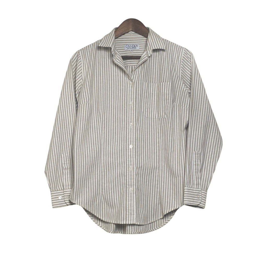 Camixa Striped Button Up Women Size M Beige White Linen Cotton Long Sleeve Shirt